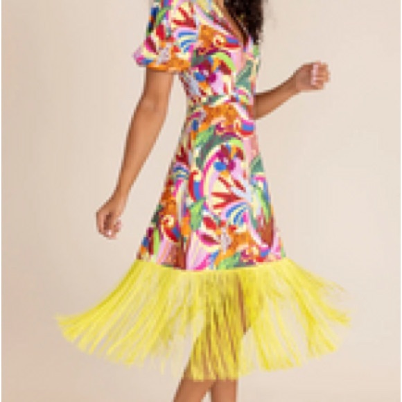 NWT Alden Adair Womens Louisa Rainforest Balloon Sleeve Midi Fringe Dress Sz XS - Picture 3 of 13